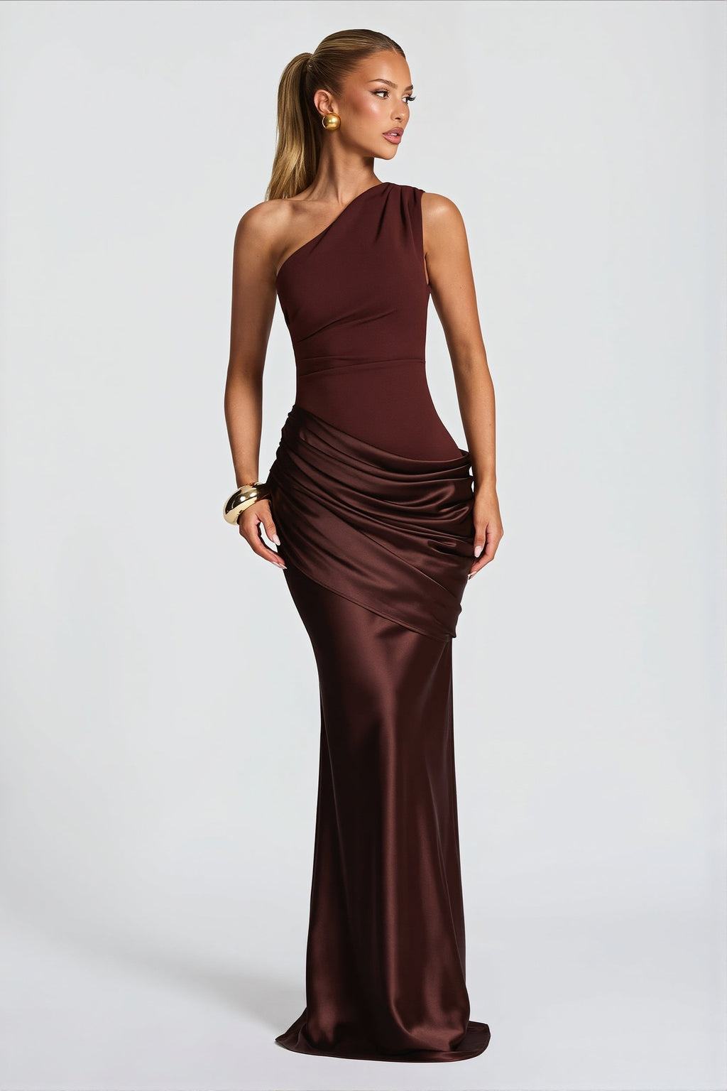 Satin-Splice Ruched Slim Maxi Dress