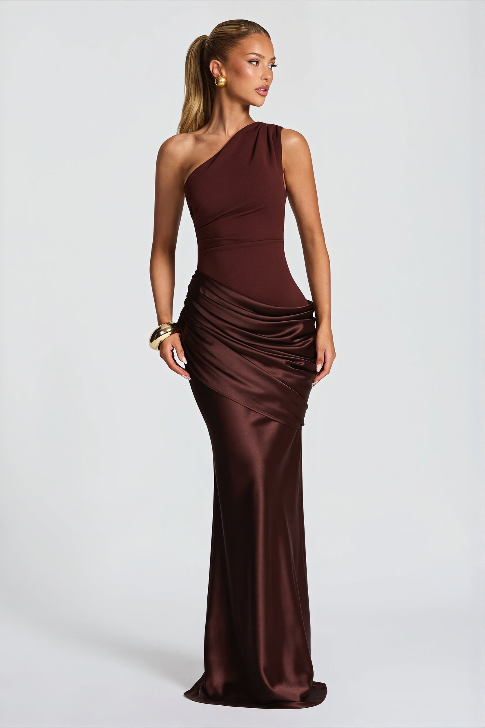 Satin-Splice Ruched Slim Maxi Dress