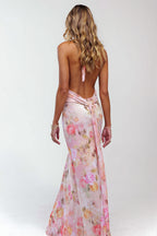 Printed Halter Backless Slim Maxi Dress