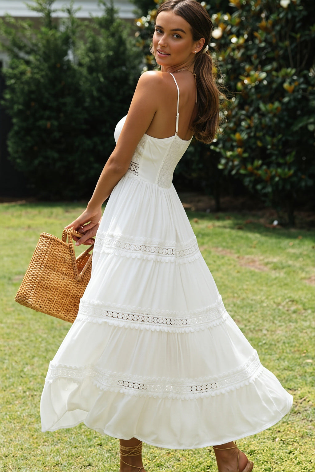 Lace-Splice Cami Swing Boho Dress