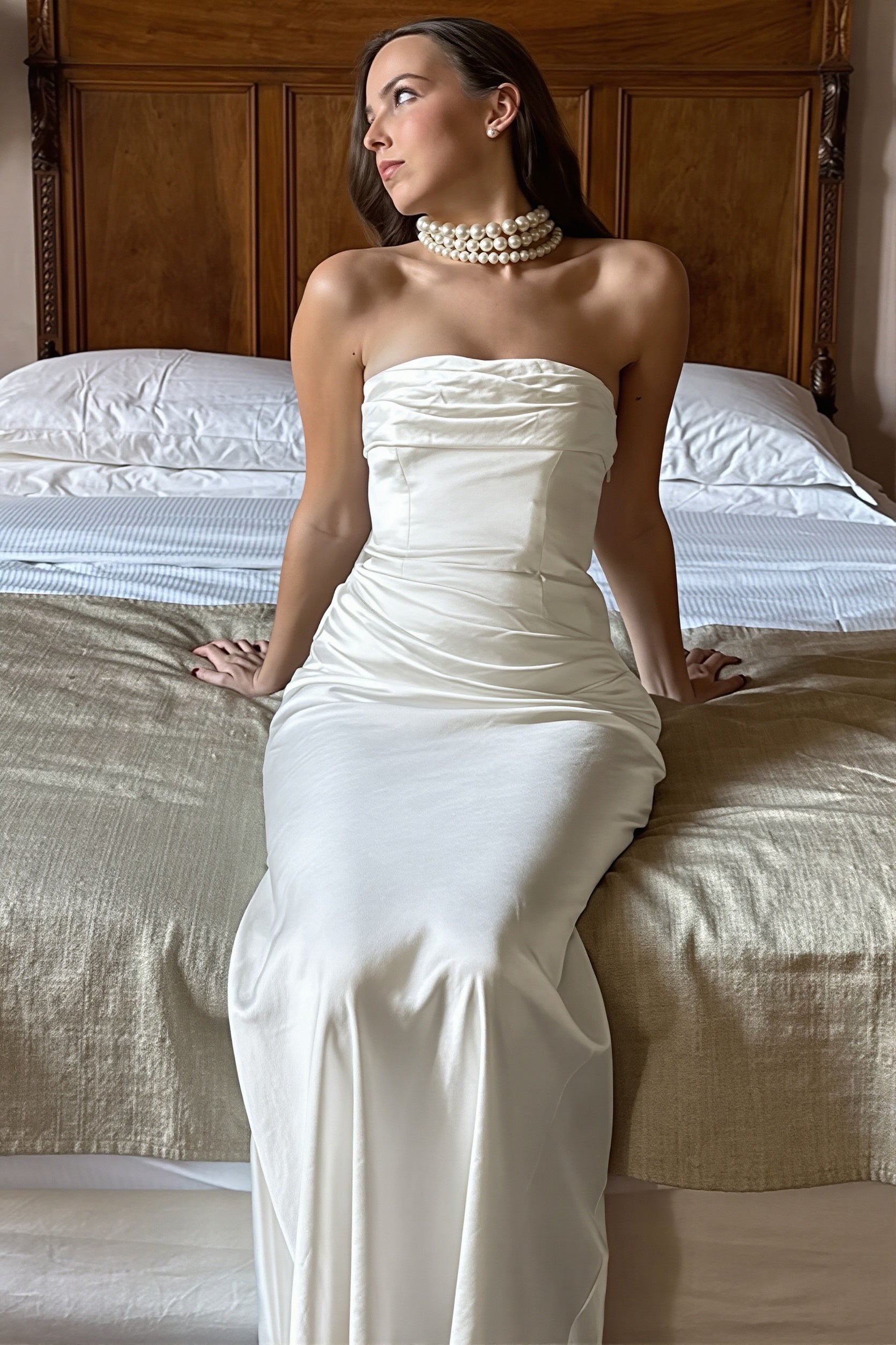 Satin Shirred Strapless Maxi Dress