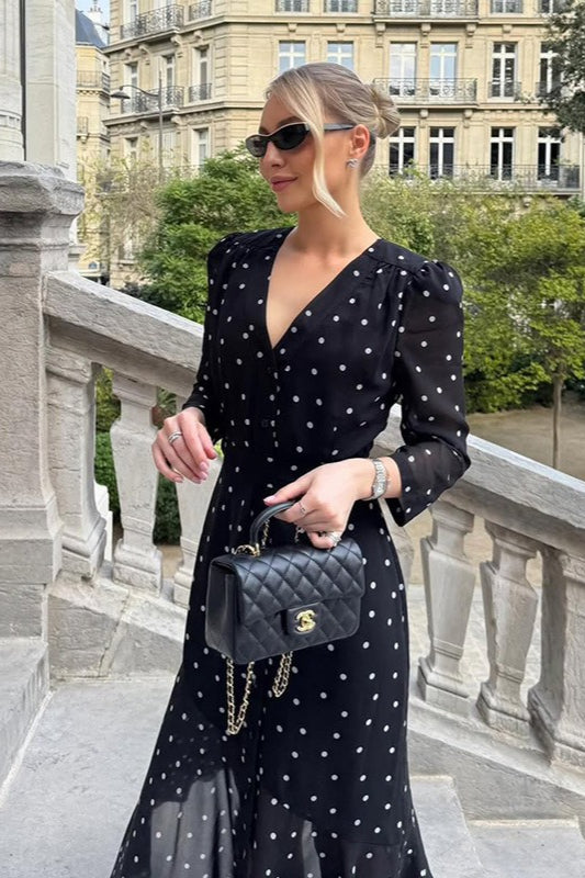 Polka Dot V-Neck Long-Sleeve Maxi Dress