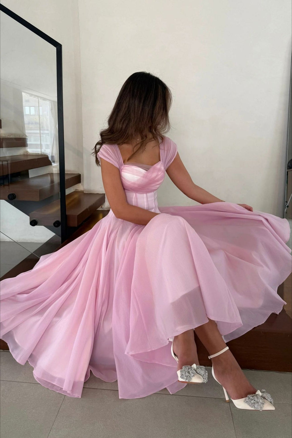 Mesh-Waist Flared Prom Dress