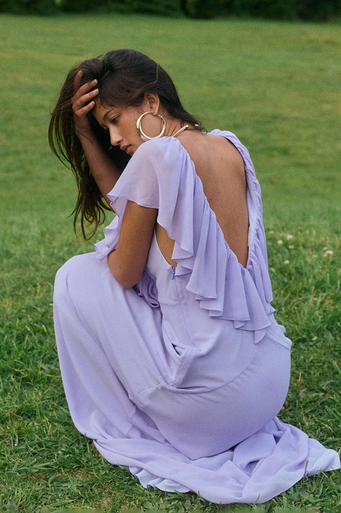 Deep-V Ruffle Solid Maxi Dress