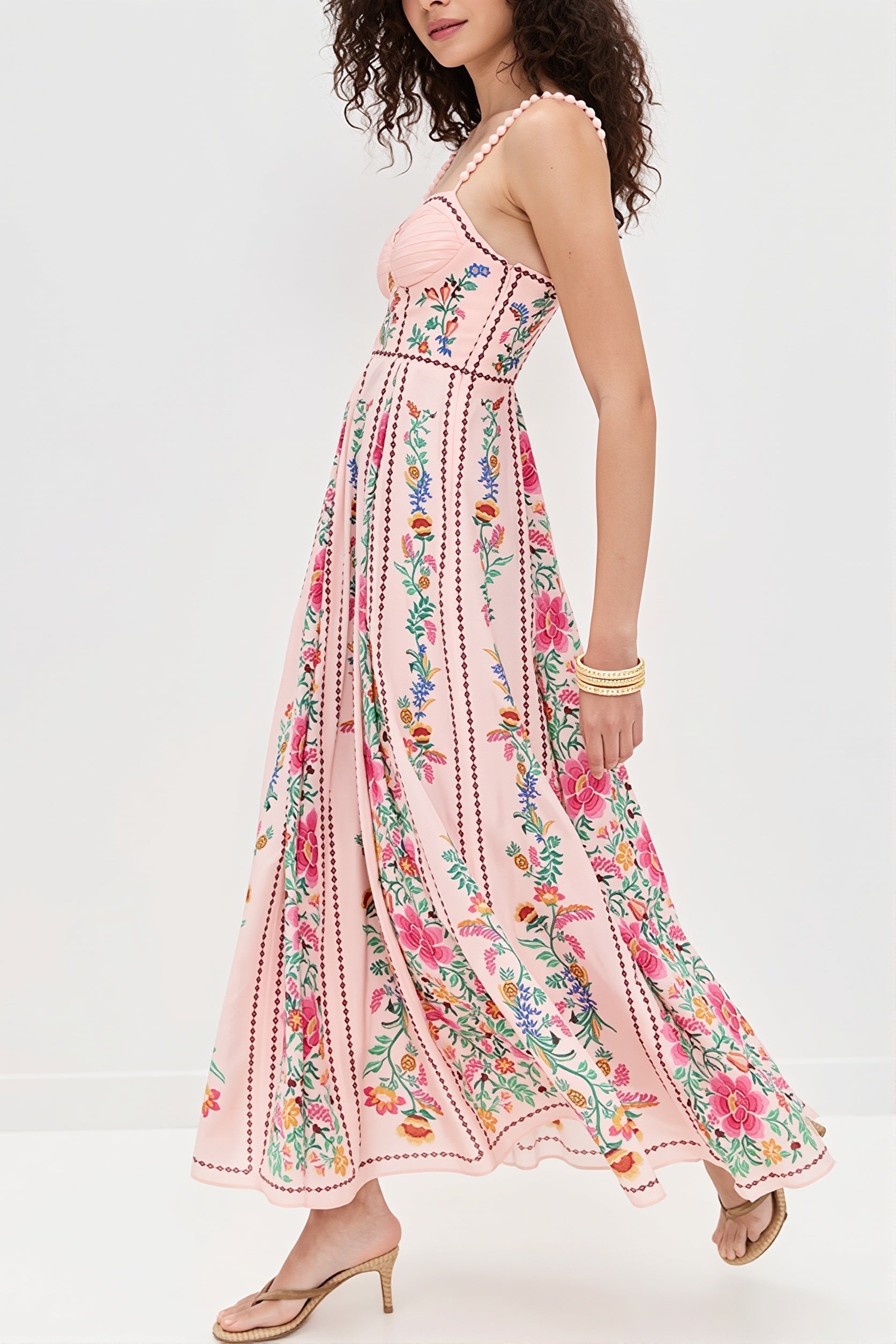 Floral Linen Spaghetti-Strap Boho Dress