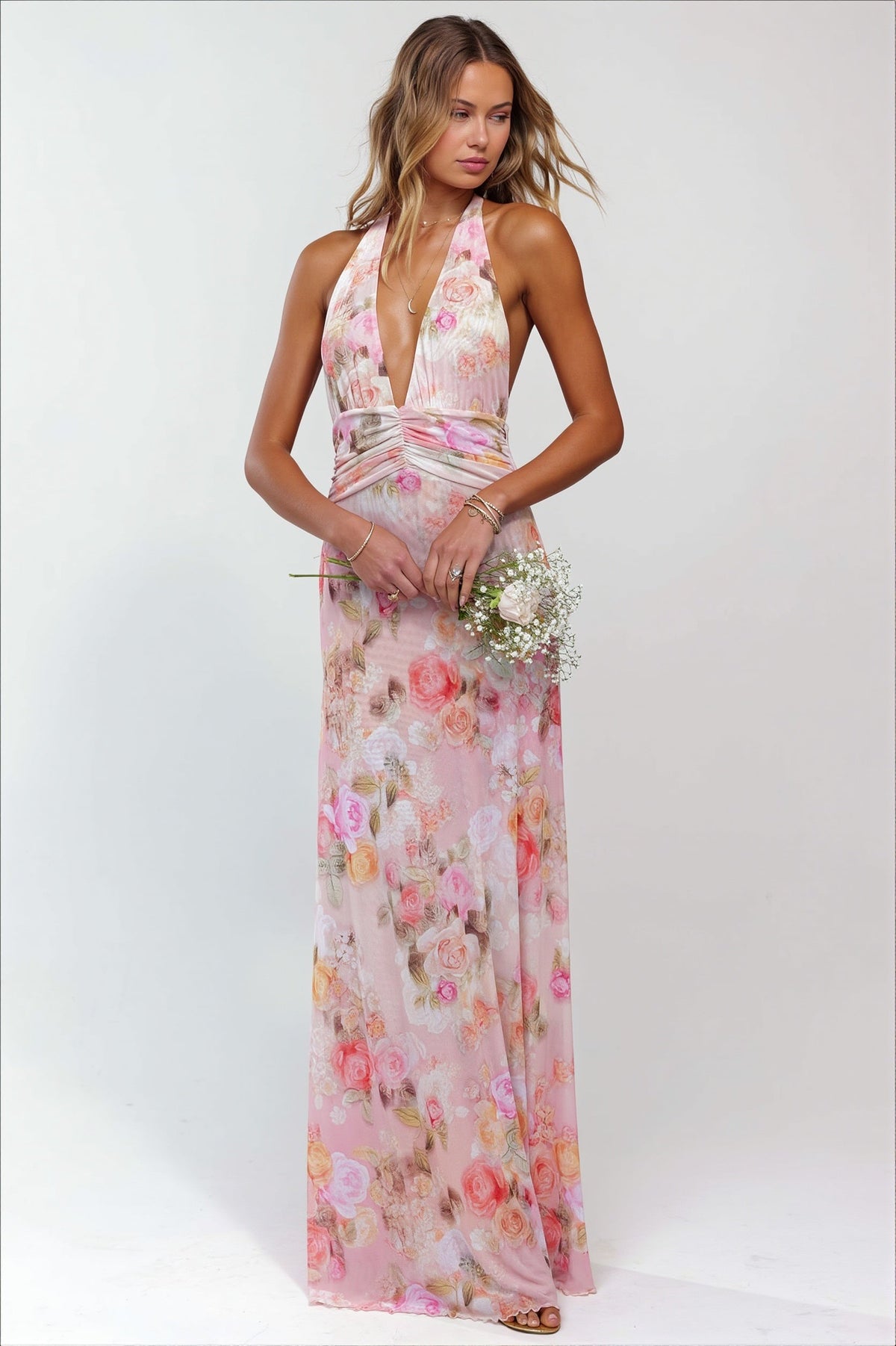Printed Halter Backless Slim Maxi Dress