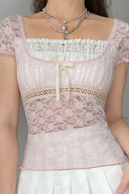 Square-Neck Lace-Splice Slim Blouse