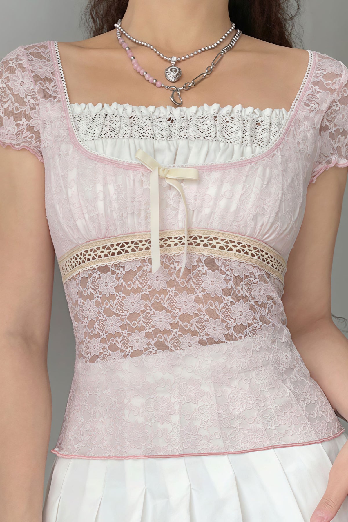 Square-Neck Lace-Splice Slim Blouse