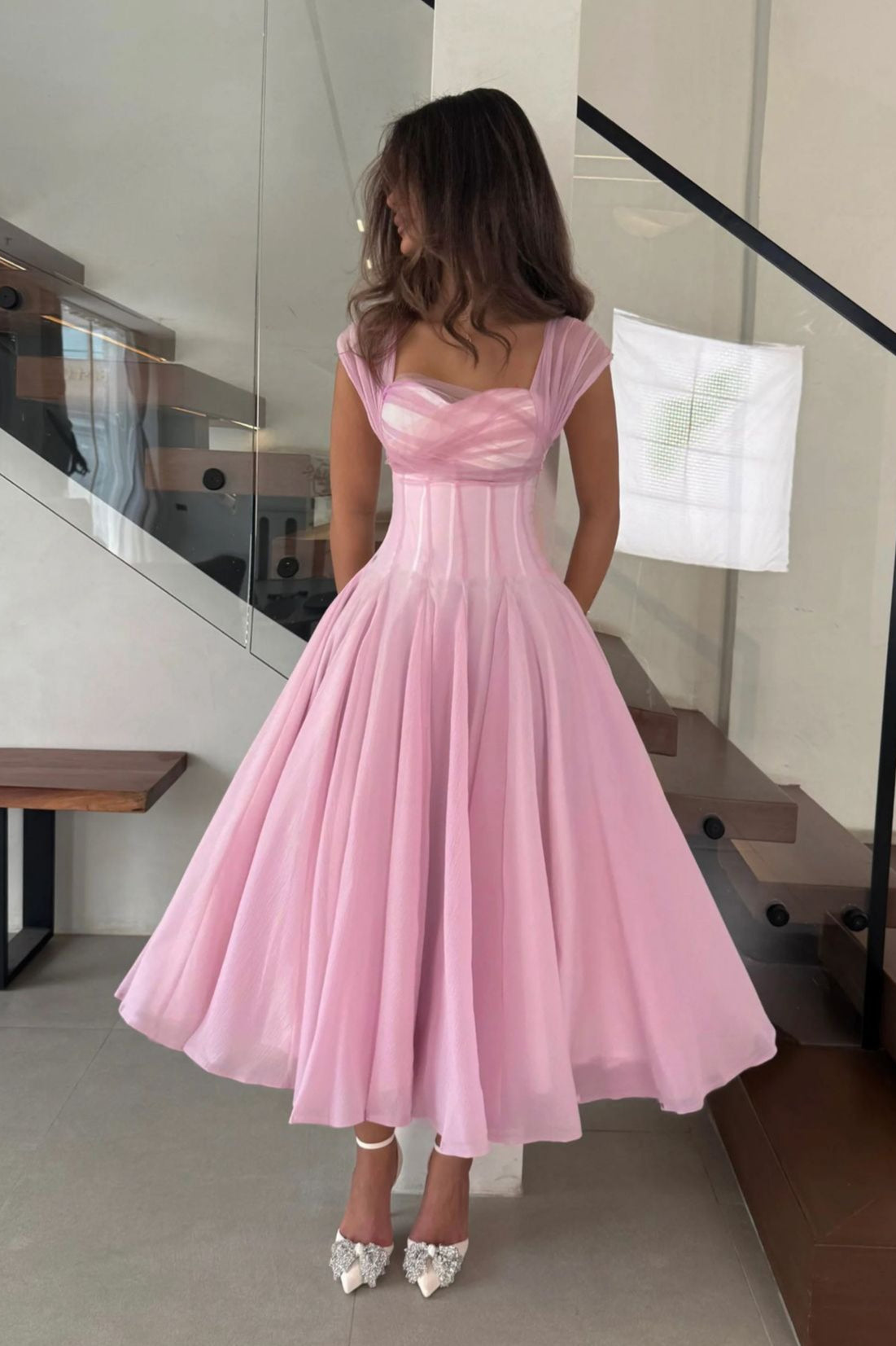 Mesh-Waist Flared Prom Dress