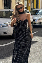 Polka Dot V-Neck Cami Backless Maxi Dress