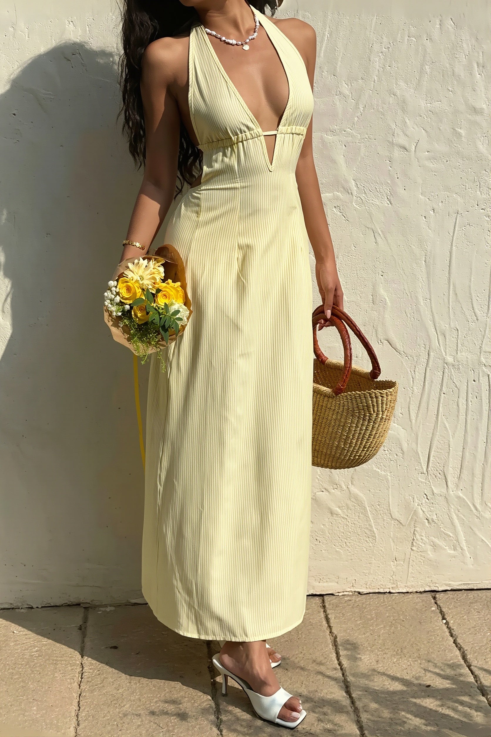 Stripe Halter Lace-Up Backless Maxi Dress
