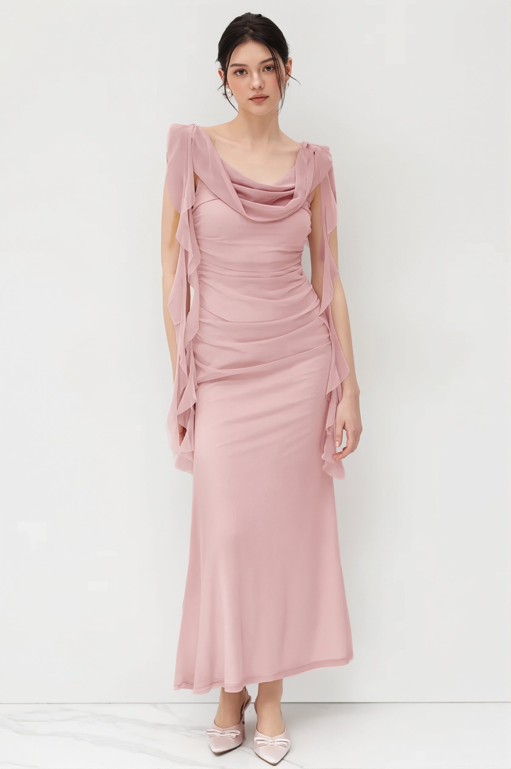 Lace-Strap Backless Ruffle Maxi Dress