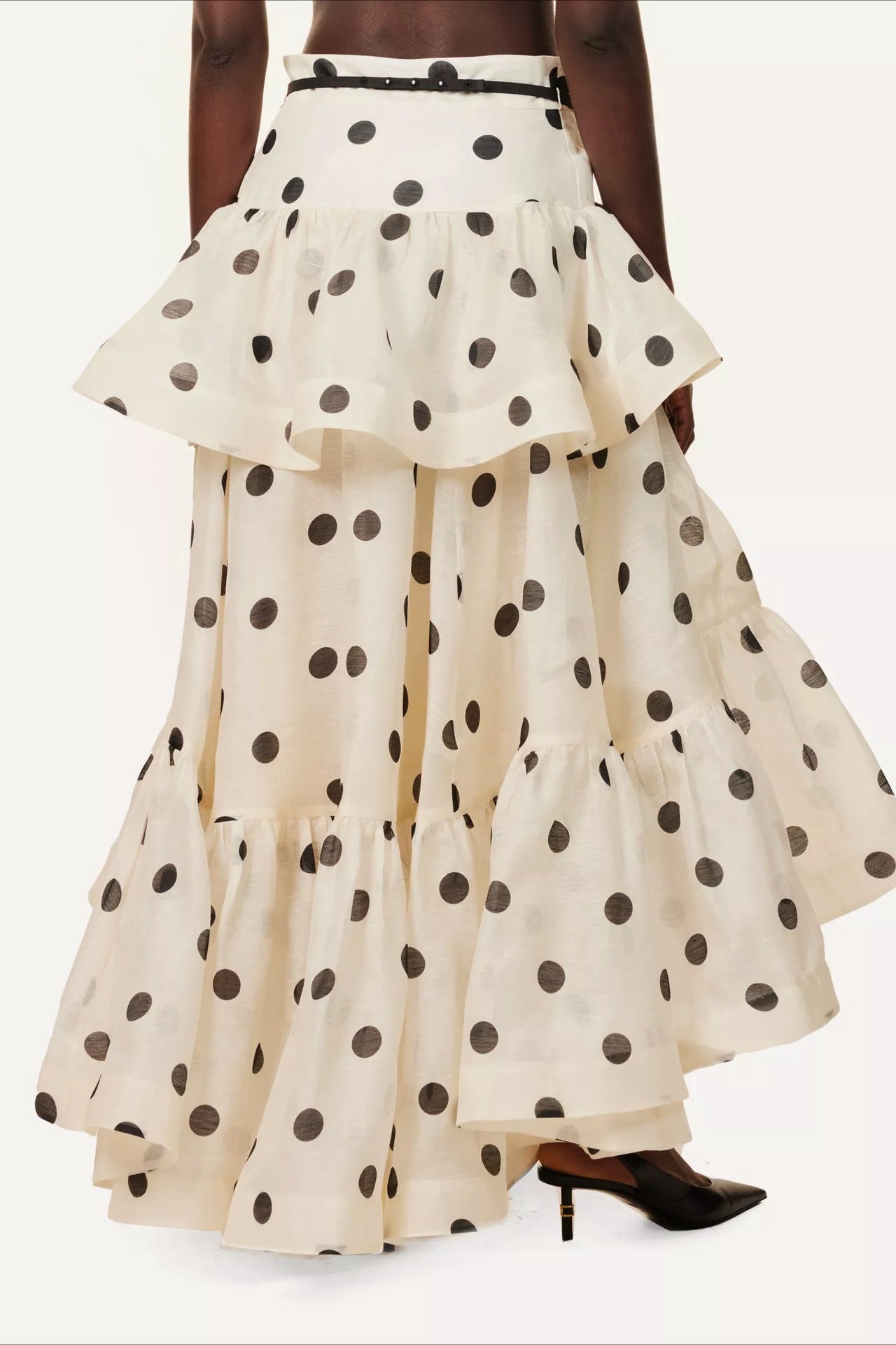 Tiered-Ruffle Polka Dot Midi Skirt