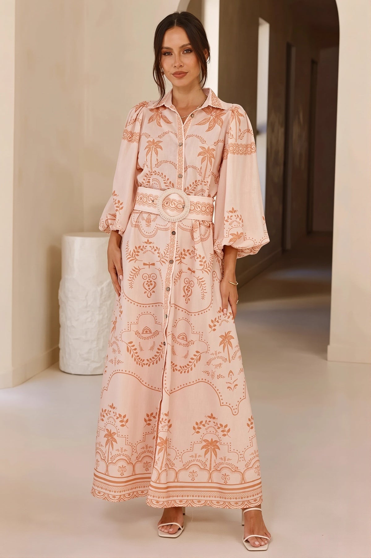 Linen Puff-Sleeve Boho Dress