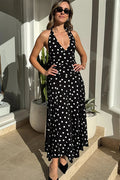 Polka Dot Backless Tie Bodycon Maxi Dress