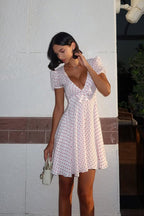 Polka Dot Deep-V Puff-Sleeve Mini Dress