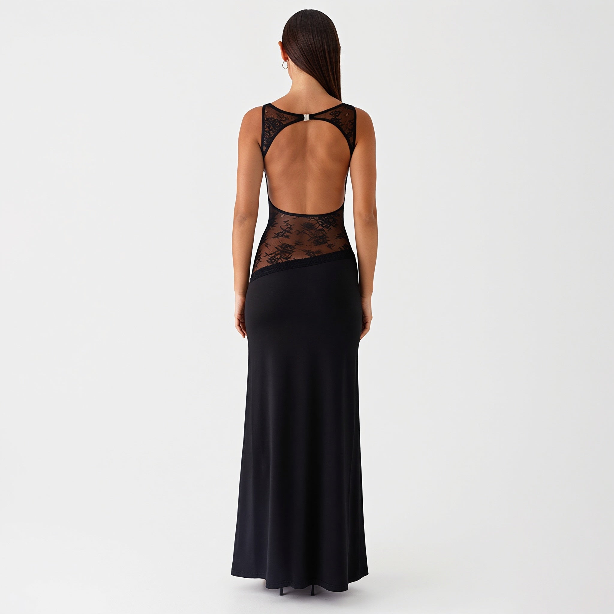 Lace-Satin Backless Maxi Dress