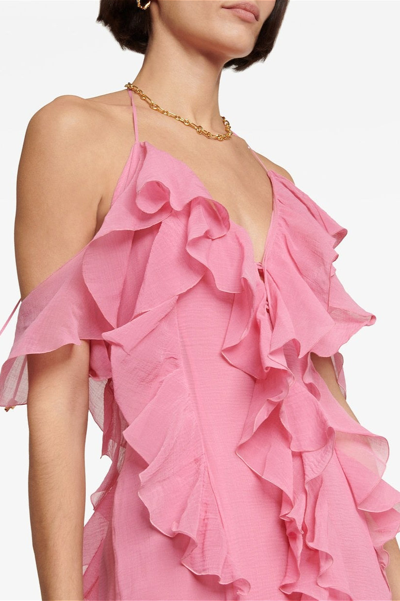 Deep-V Halter Ruffle Maxi Dress