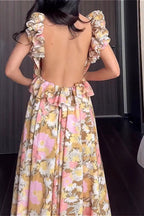 Floral Ruffle V-Neck Slim Dress