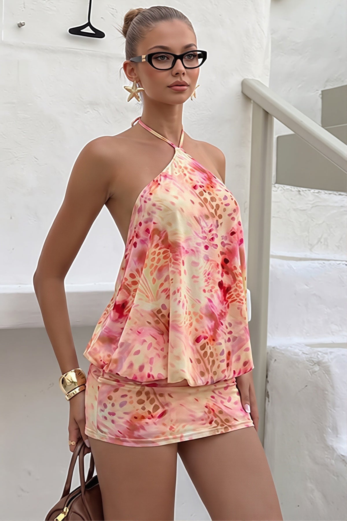Print Halter Tie-Waist Bodycon Mini Dress