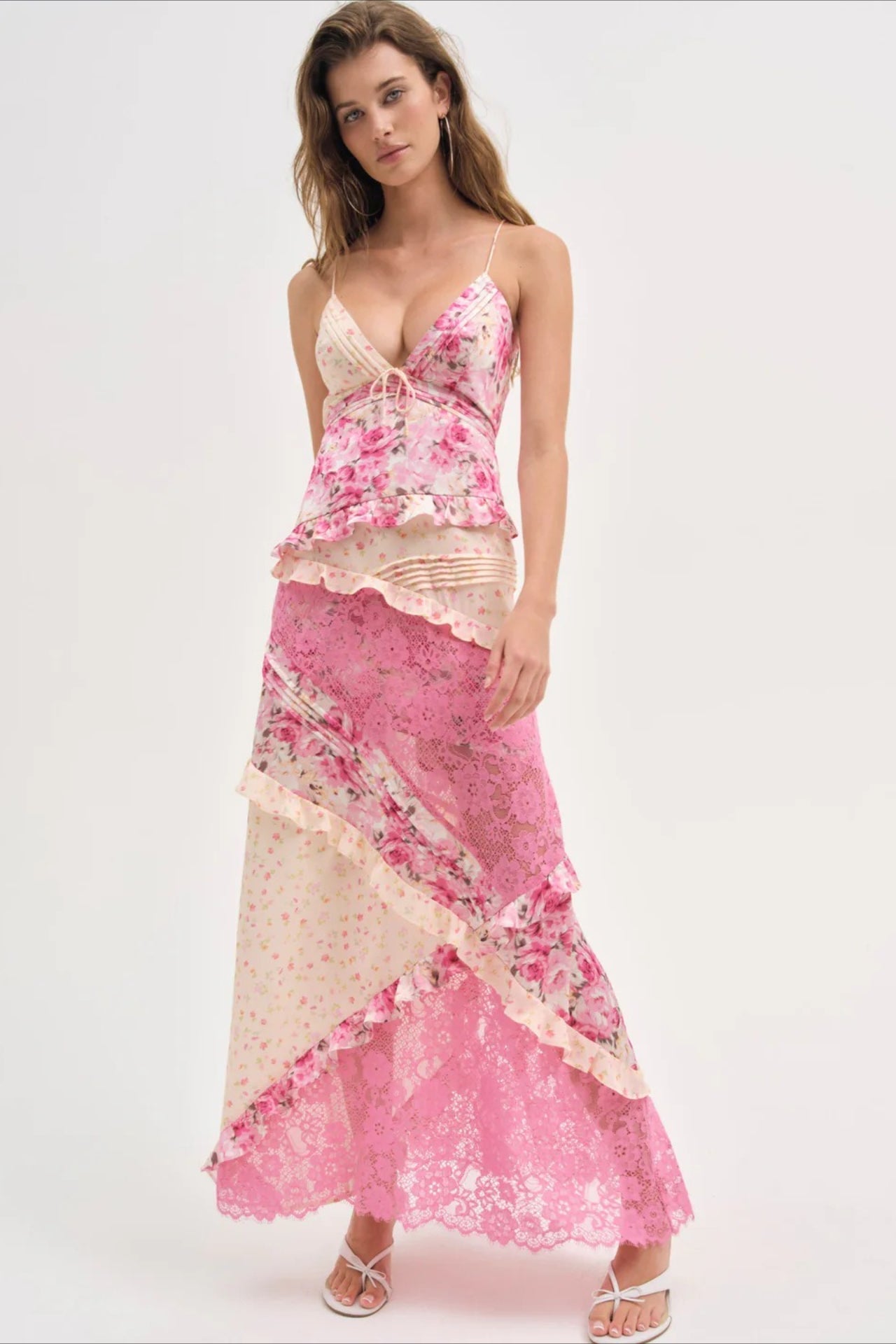 Floral Lace-Patchwork Ruffle Cami Maxi Dress