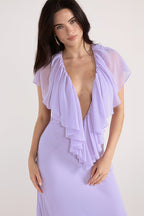 Deep-V Ruffle Solid Maxi Dress