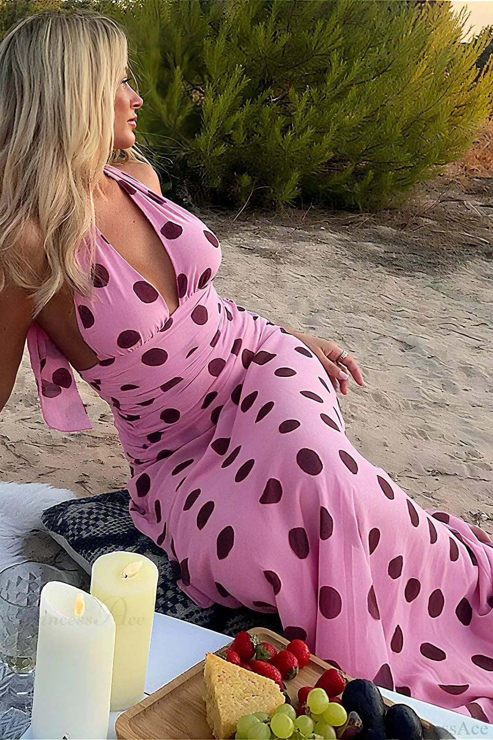 Polka Dot Backless Tie-Waist Maxi Dress
