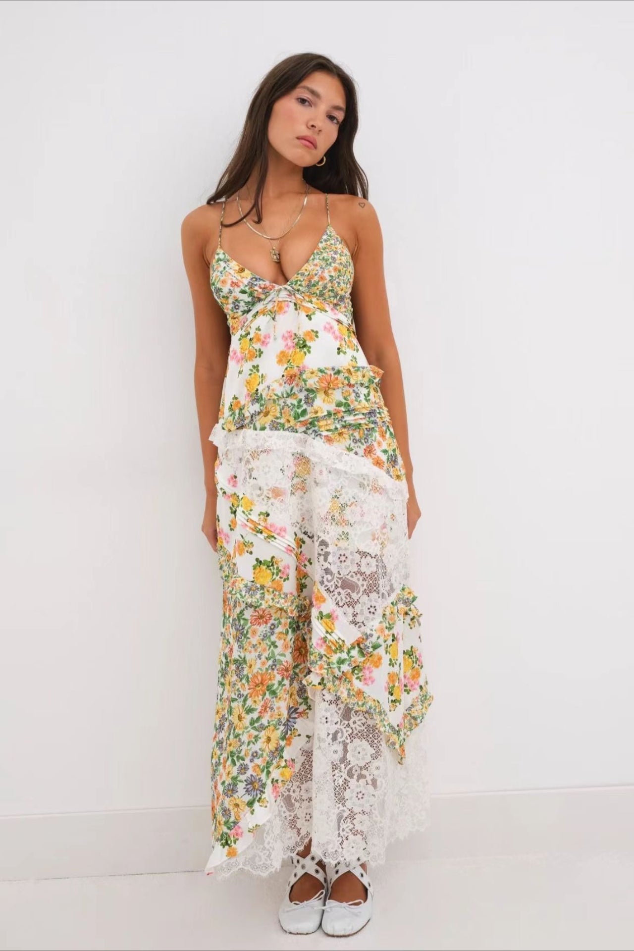 Floral Lace-Patchwork Ruffle Cami Maxi Dress