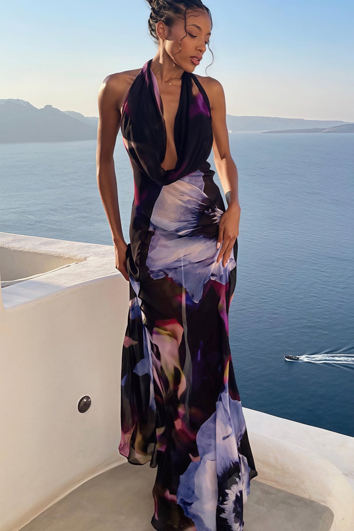Digital Print Cowl-Neck Vacation Maxi Dress
