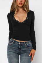 Solid V-Neck Lace Slim Blouse