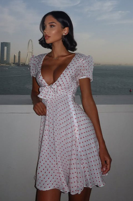 Polka Dot Deep-V Puff-Sleeve Mini Dress