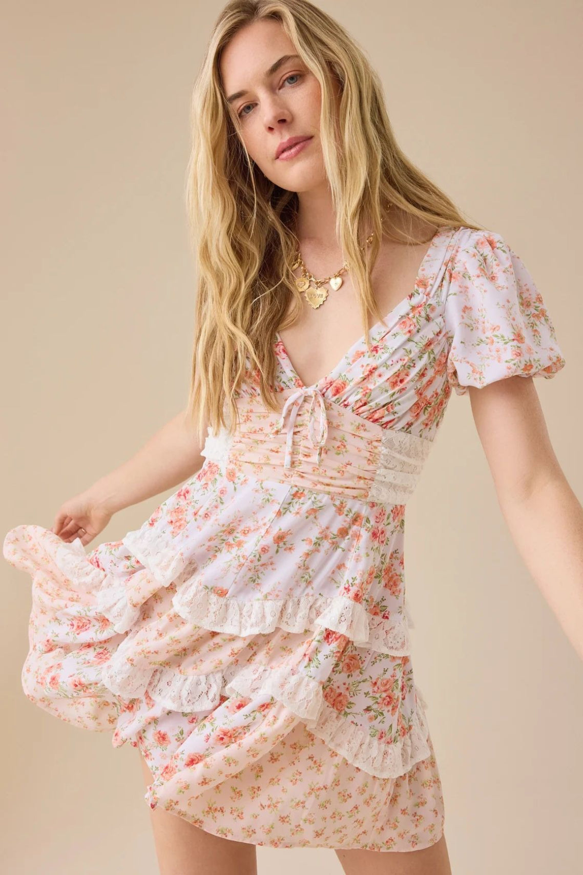 Floral Lace-Patchwork Puff-Sleeve Mini Dress