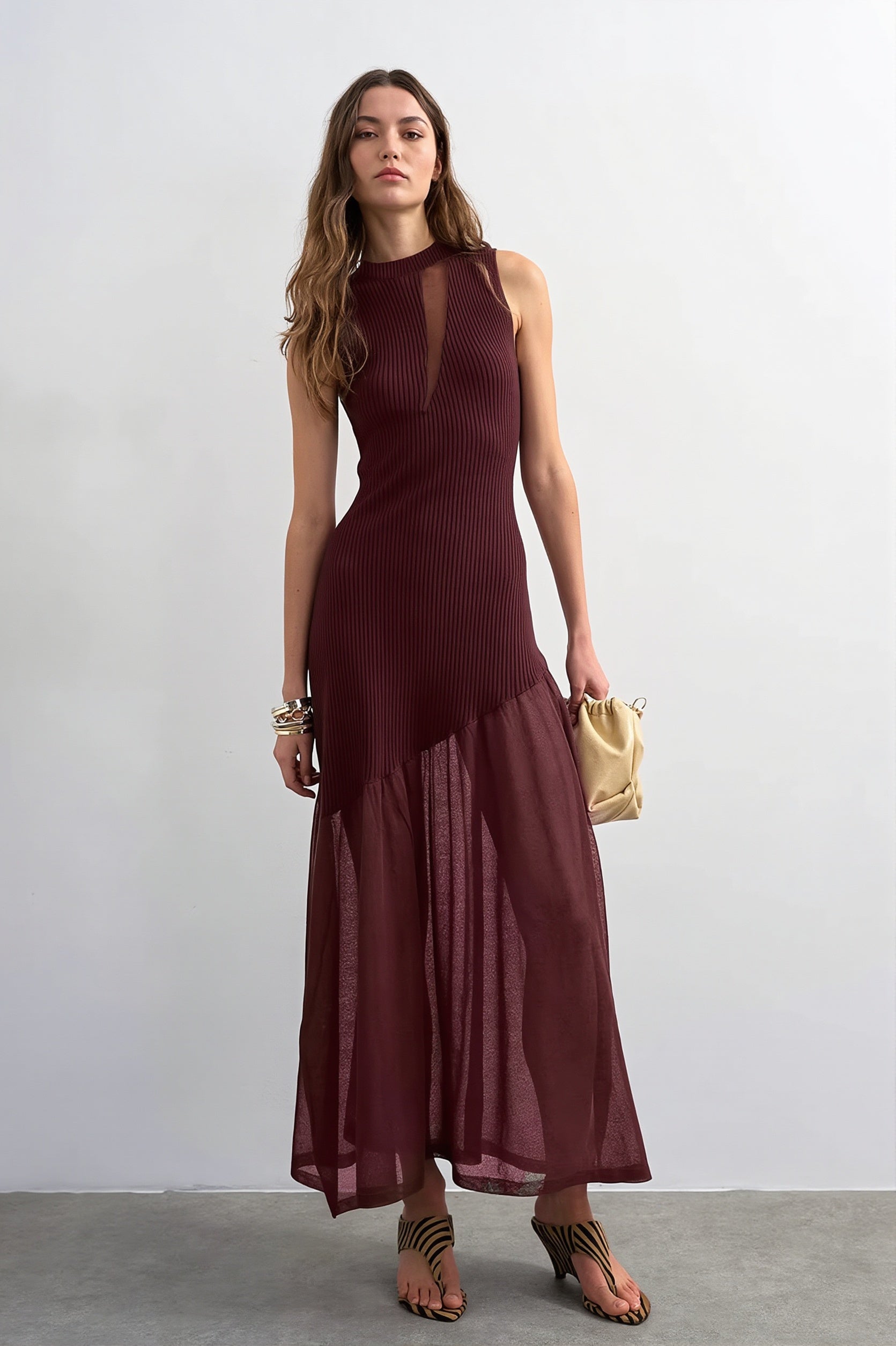 Ribbed-Knit Mesh-Splice Maxi Dress