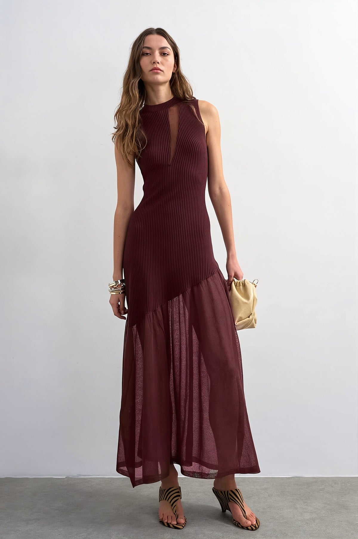 Ribbed-Knit Mesh-Splice Maxi Dress