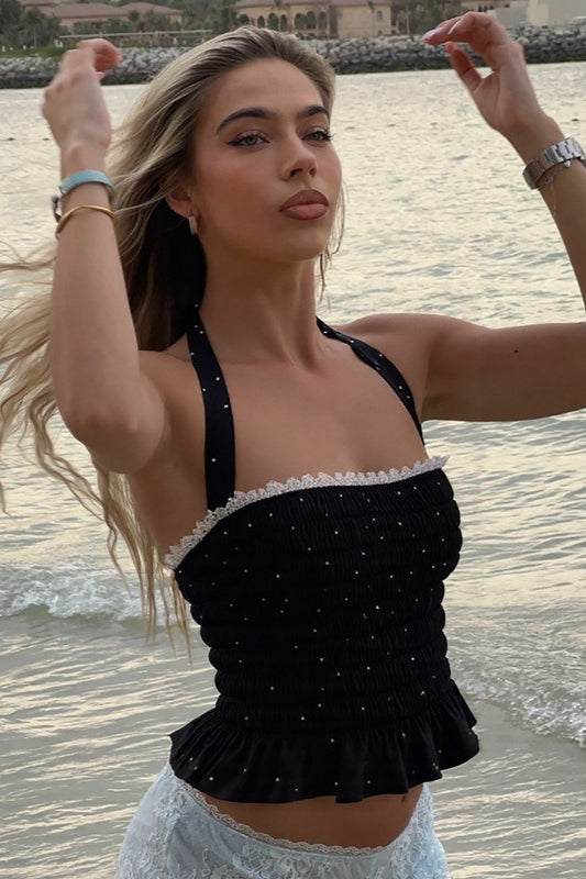 Polka Dot Ruffle Halter Crop Top