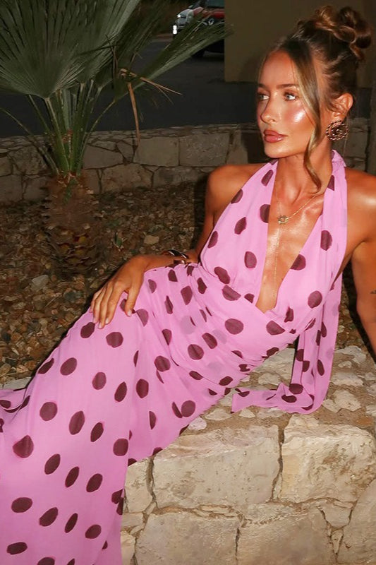 Polka Dot Halter V-Neck Maxi Dress