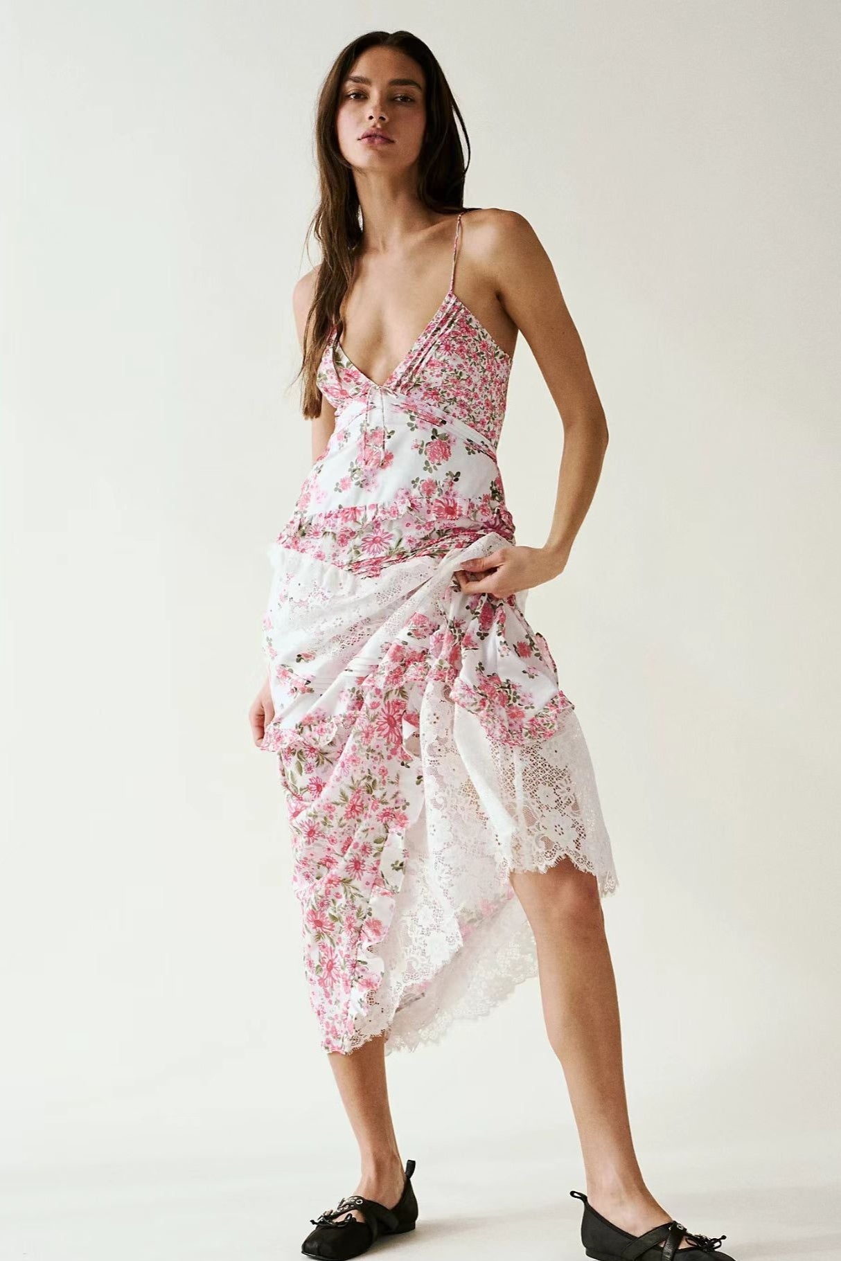Floral Lace-Patchwork Ruffle Cami Maxi Dress