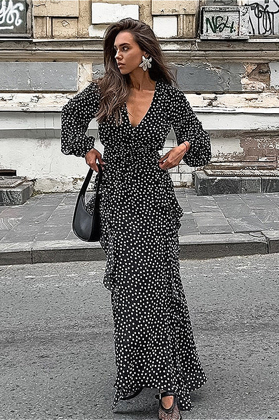 Polka Dot Puff-Sleeve A-Line Maxi Dress