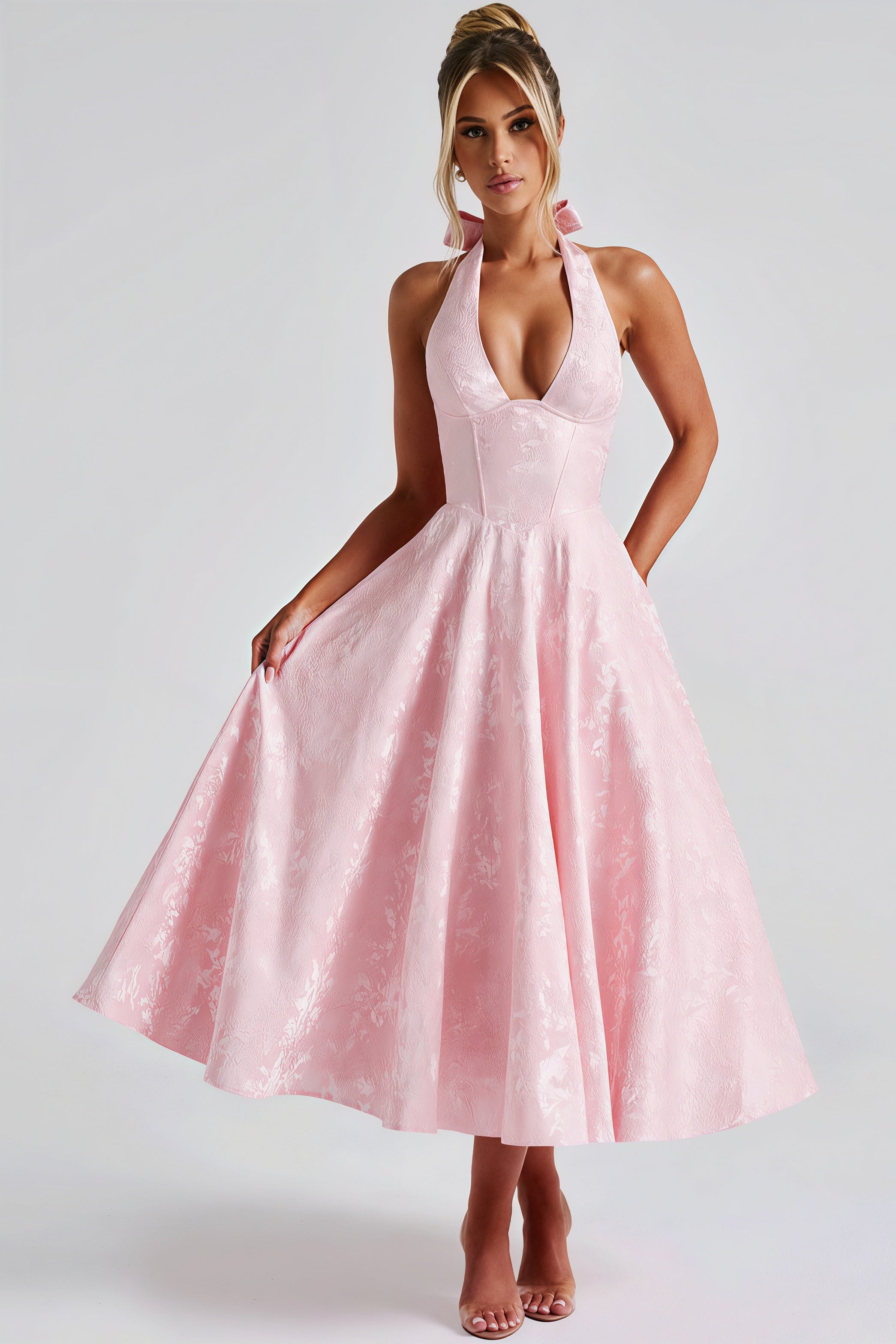Jacquard Halter Backless Midi Dress
