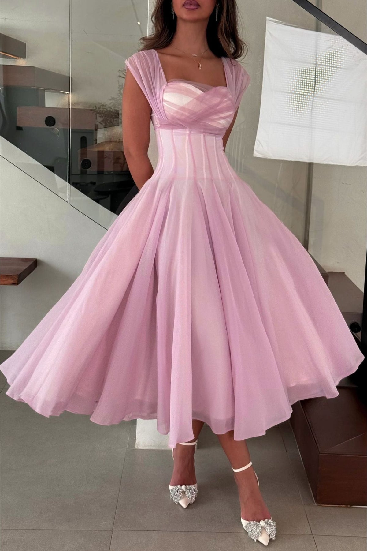 Mesh-Waist Flared Prom Dress