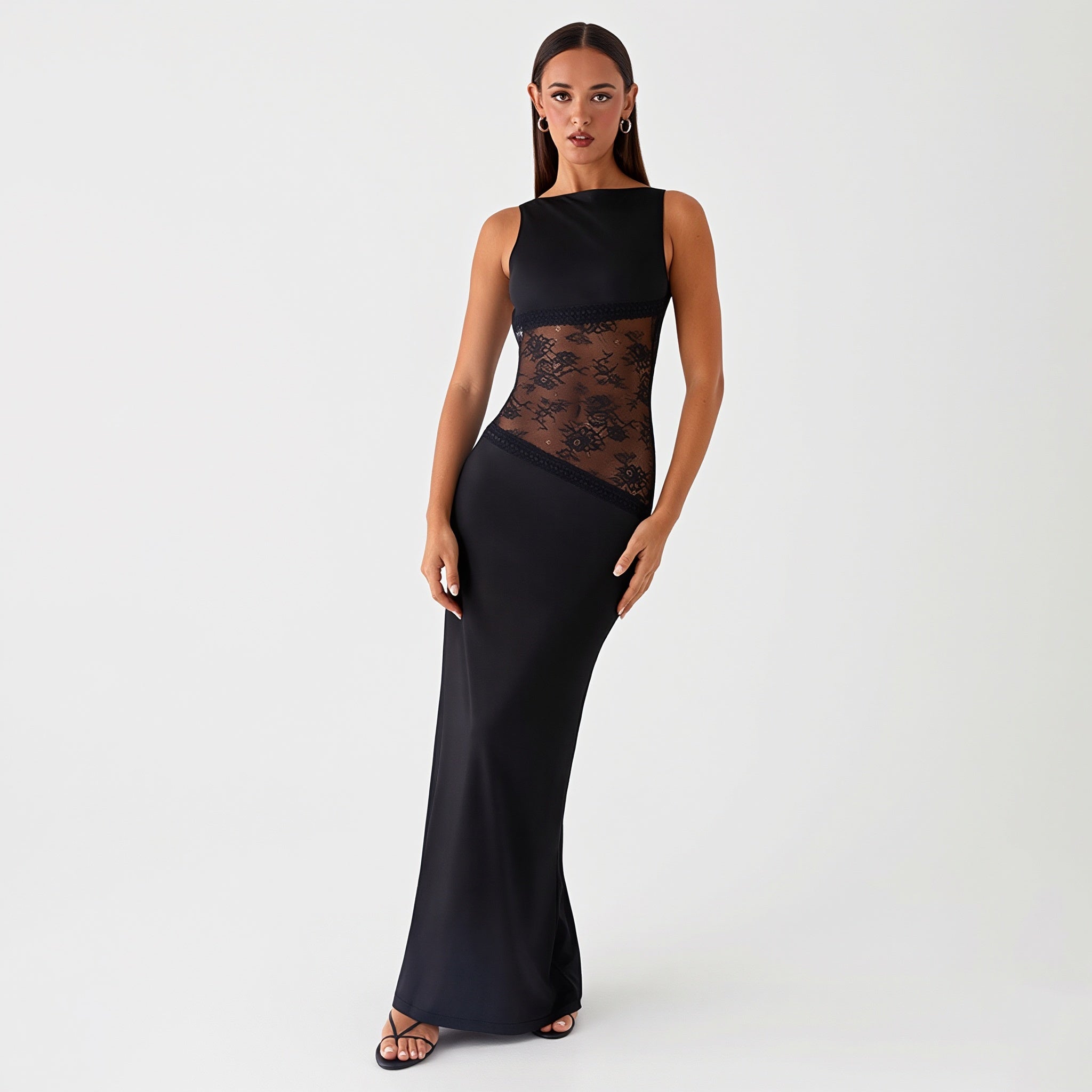 Lace-Satin Backless Maxi Dress