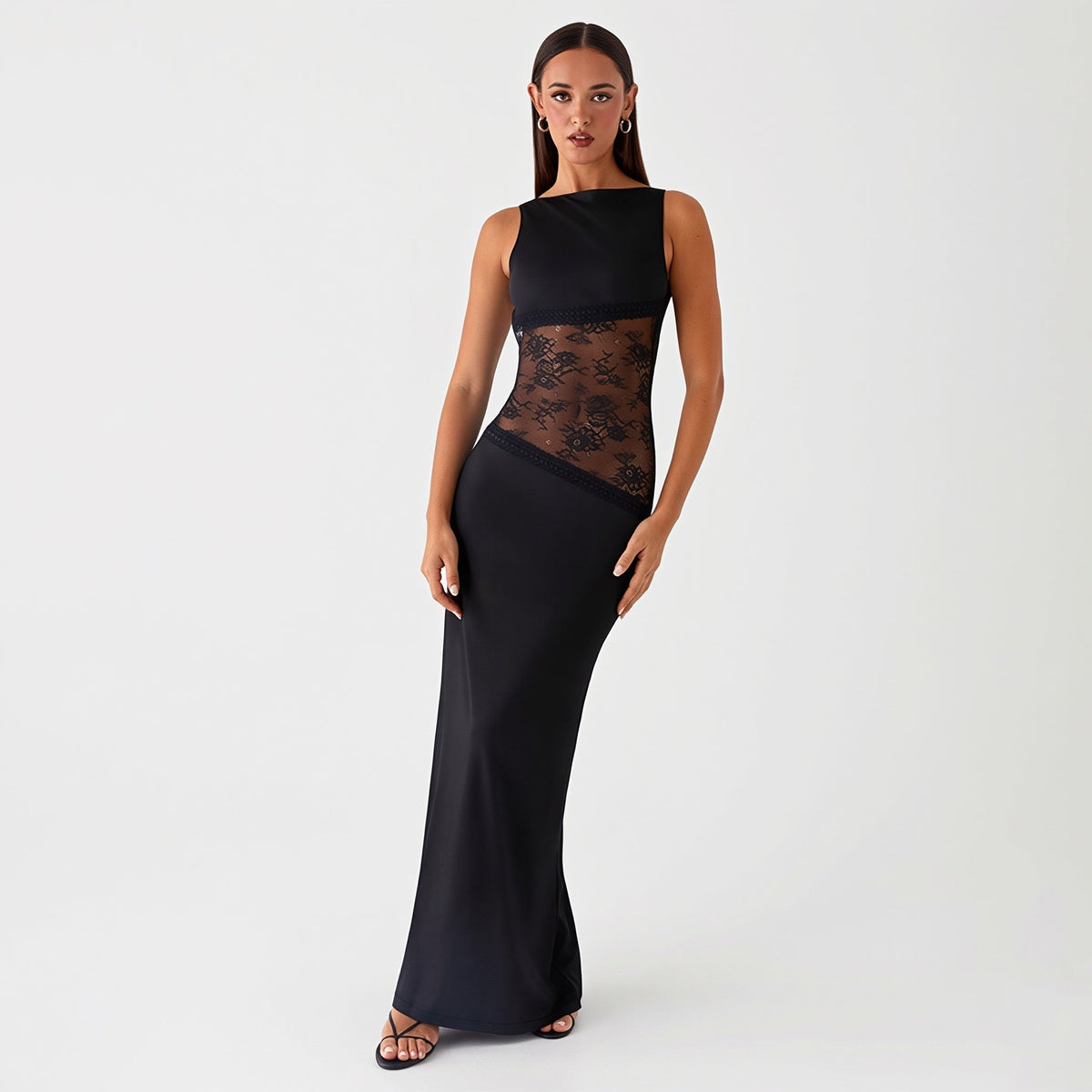 Lace-Satin Backless Maxi Dress