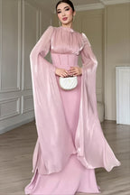 Glossy Flowy-Sleeve Slim Maxi Dress