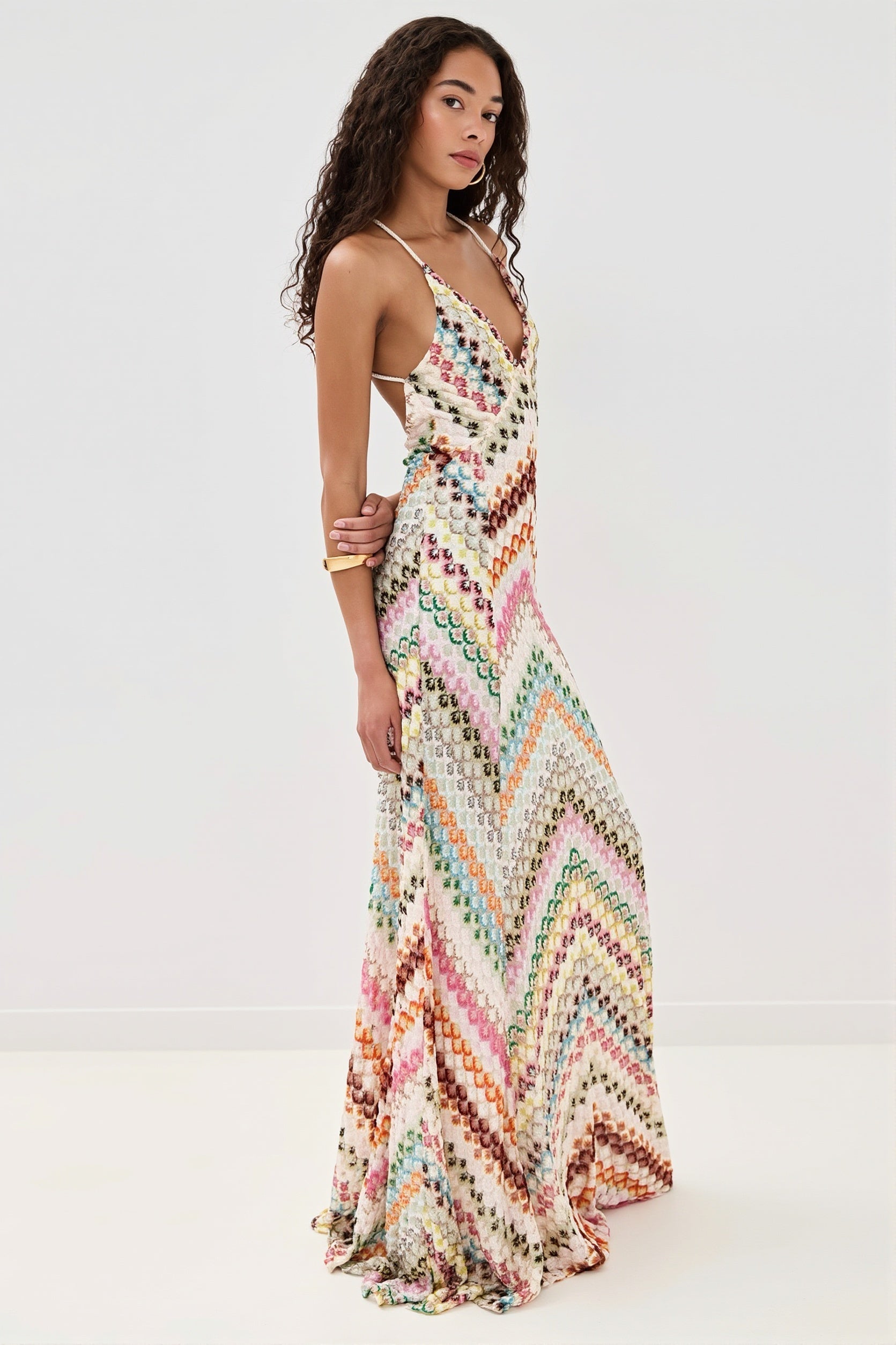 Striped-Knit Cutout Maxi Dress