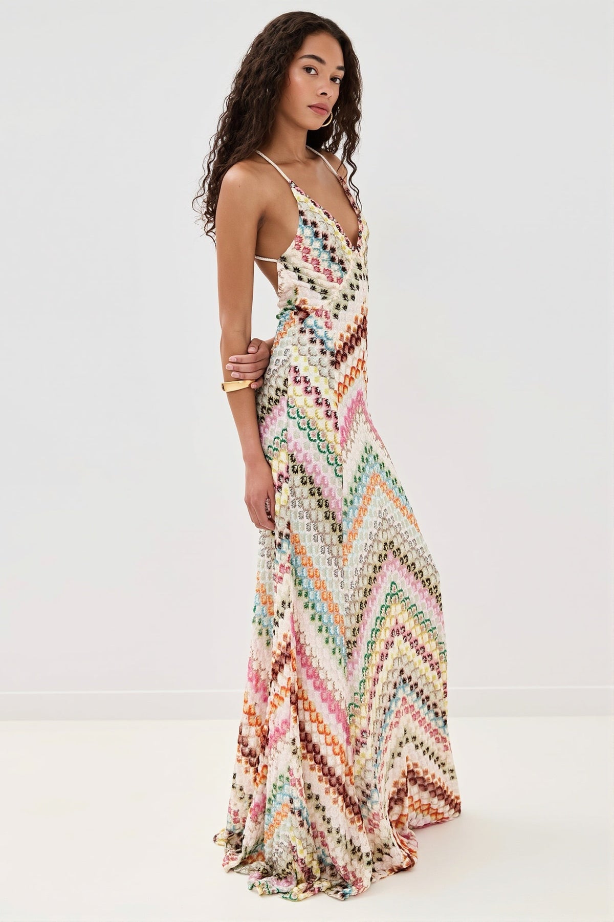 Striped-Knit Cutout Maxi Dress