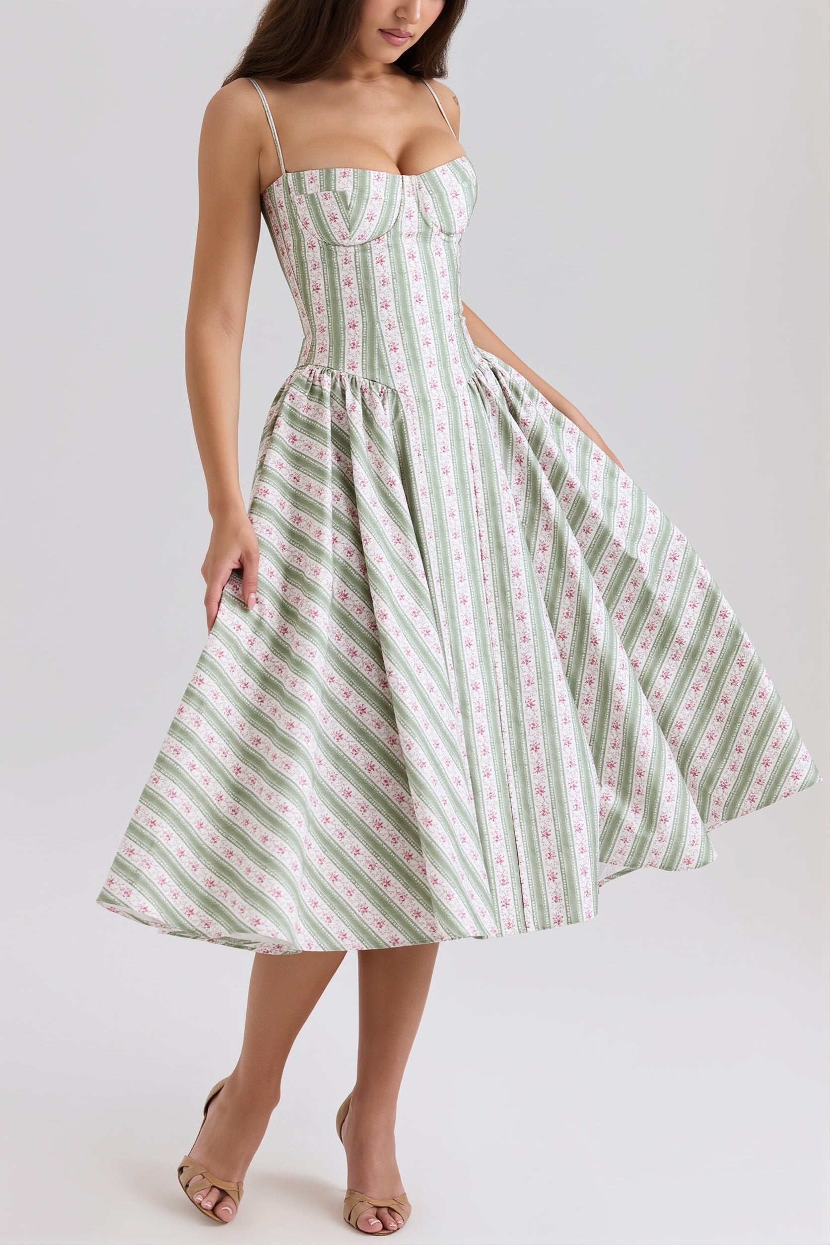 Floral-Striped Cami Midi Dress