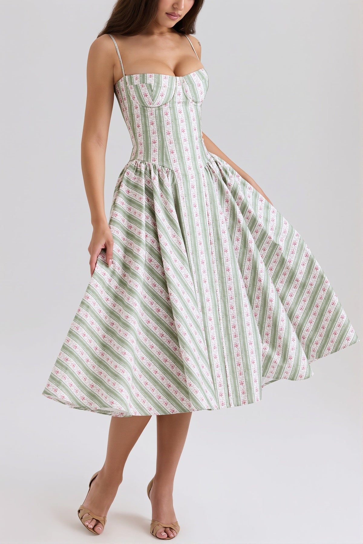 Floral-Striped Cami Midi Dress