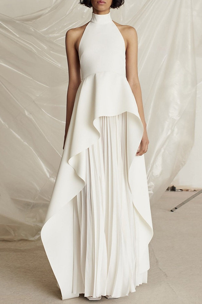 Black-White Pleated Halter Prom Dress