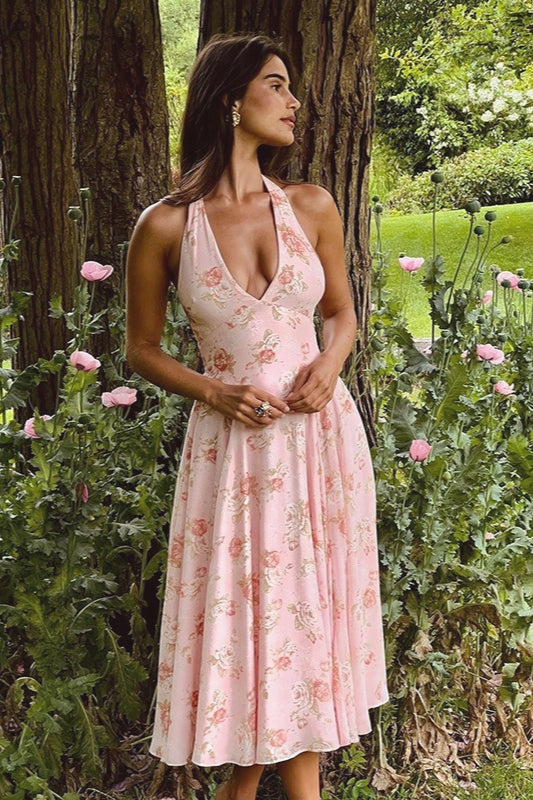 Pink Floral Halter Dress