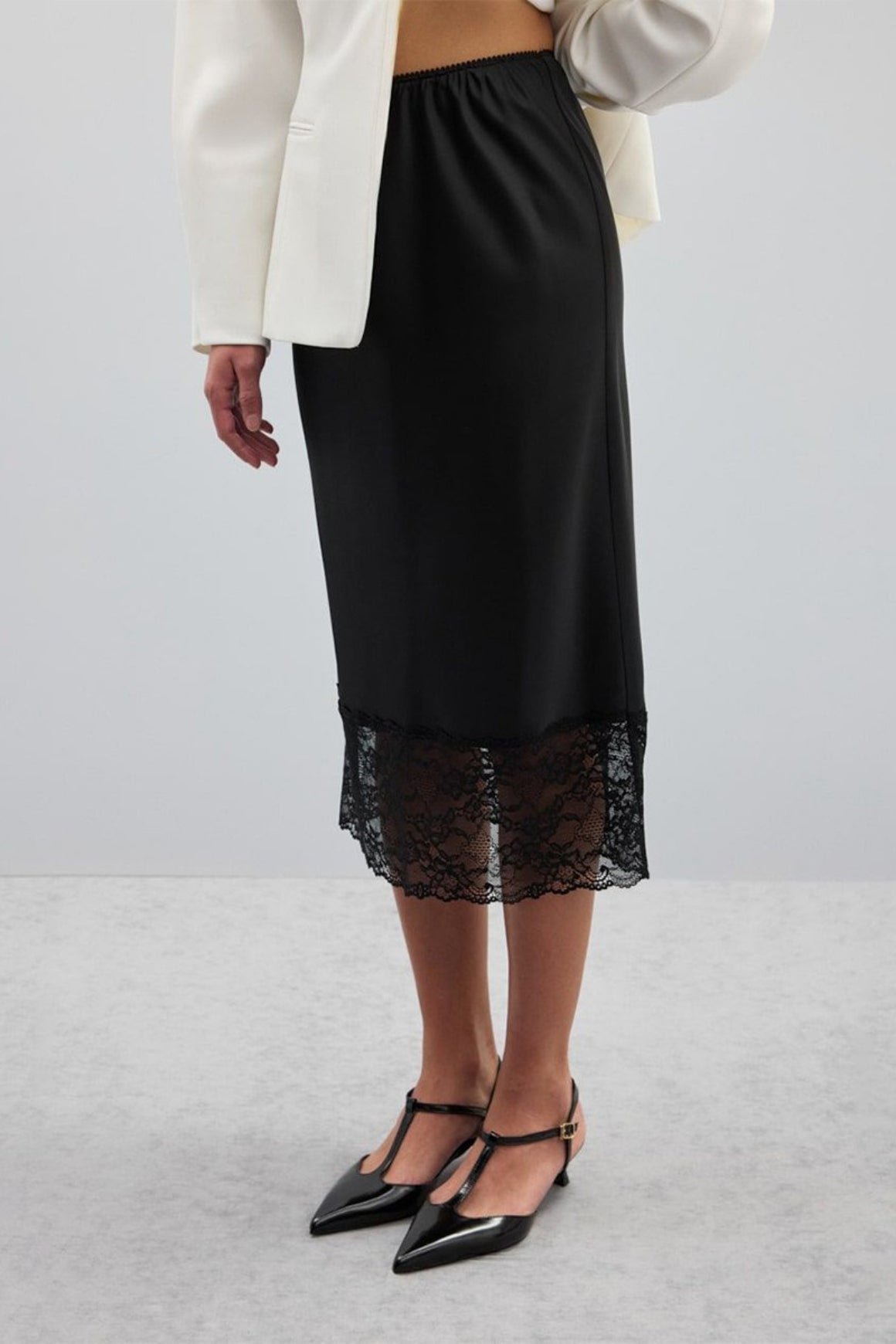 Satin Lace-Trim Bodycon Skirt